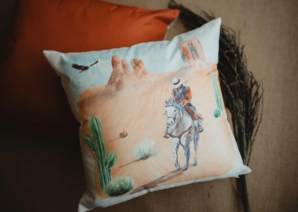 Canyon Cowboy | Desert Art | Arizona Art | Desert Painting | Saguaro Cactus | Arizona Gifts | Home Decor | Gift Idea | Throw PIllows UniikPillows
