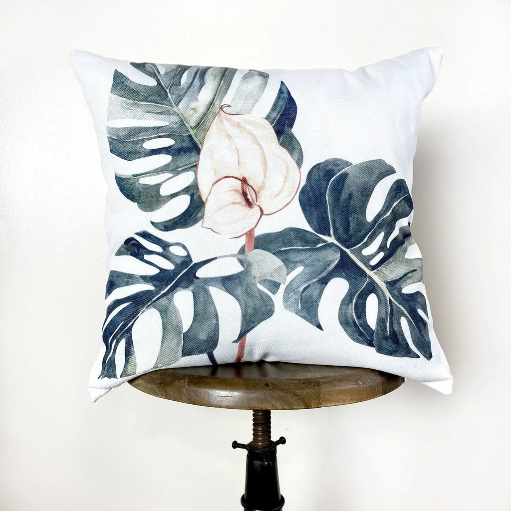 Palm | Leaves | Pink Flower | Throw Pillow Cover | Home Décor | Throw Pillow White | White Throw Pillows | Designer Pillows | Room Decor UniikPillows