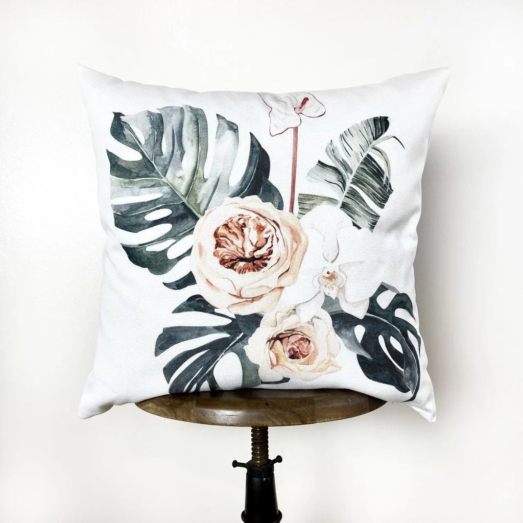 Pink Flower | Palm | Leaves | Throw Pillow Cover | Home Décor | Throw Pillow White | White Throw Pillows | Designer Pillows | Room Decor UniikPillows