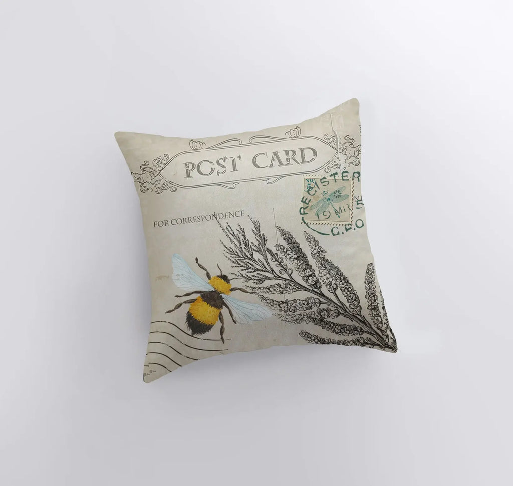 Postcard | Bee | Honey Bee | Pillow Cover | Farmhouse Decor | Room Décor | Insect Pillow | Vintage Decor | Throw Pillows | Gift for her UniikPillows