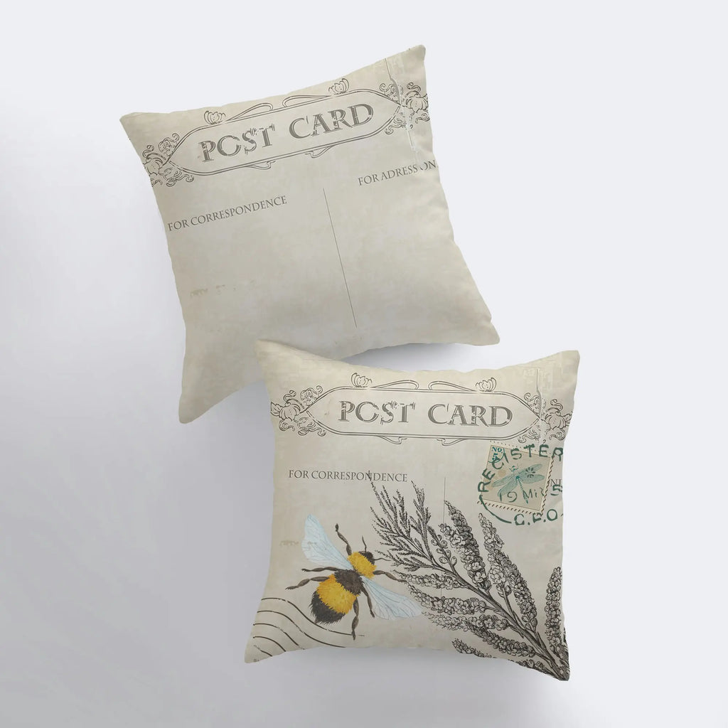 Postcard | Bee | Honey Bee | Pillow Cover | Farmhouse Decor | Room Décor | Insect Pillow | Vintage Decor | Throw Pillows | Gift for her UniikPillows